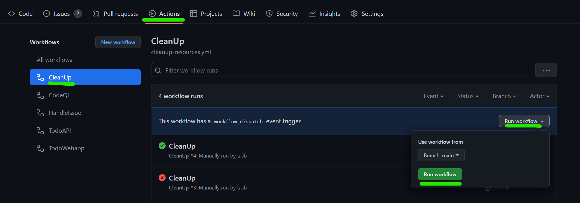 Execute manually GH workflow