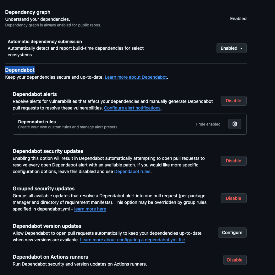 Dependabot settings